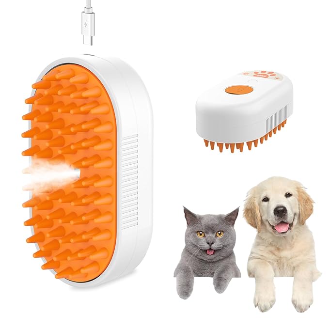 Cat Steam Brush for Shedding,3 in1 Cats Water Spary Comb,Rechargeable Steamy Cat Brush,Spritz Defur Comb for Cats,Silicone Pets Steamer Brushes for Massage,Grooming,Removing Loose Hair Yellowish&White