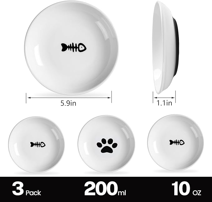 CSD Cat Food Bowl (3 Pack) - Ceramic Cat Bowls with Nonslip Silicone Bottom, Whisker Friendly, 200ml Capacity, White