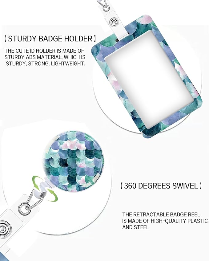 ID Badge Holder with Retractable and Detachable Lanyard, Cute Badge Reel Breakaway Lanyard with Carabiner Clip for Teachers, Nurses, Perfect Work and Office(Green Mermaid Scales)