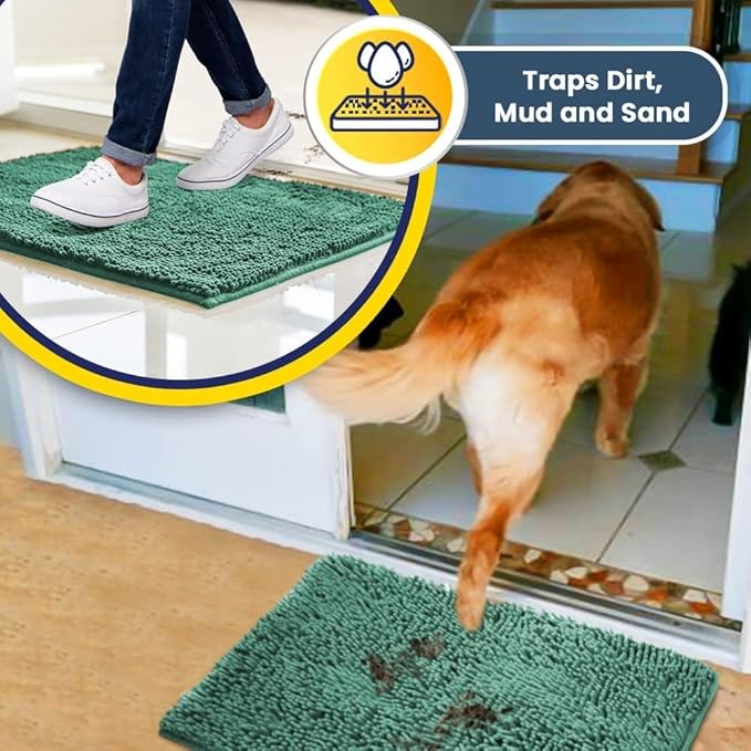 Muddy Mat® AS-SEEN-ON-TV Highly Absorbent Microfiber Door Mat and Pet Rug, Non Slip Thick Washable Area and Bath Mat Soft Chenille for Kitchen Bedroom Indoor and Outdoor - Seafoam Green 24" x 96"