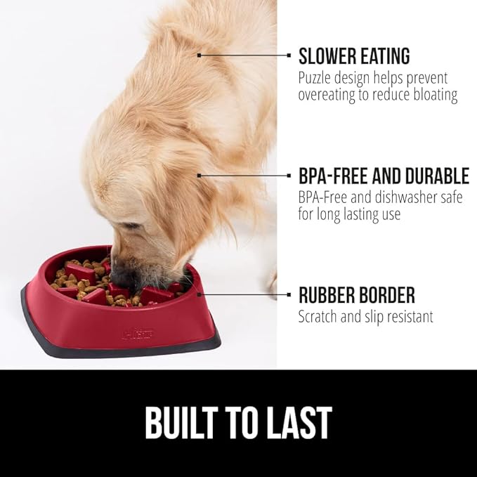 GORILLA GRIP Patented BPA Free Slow Feeder Dog Bowls, 4 Cup Interactive Puzzle Toy for Dogs and Cats Food Training Enrichment, Keeps Pets Busy and Prevents Puppy Overeating, Large Breeds, Red