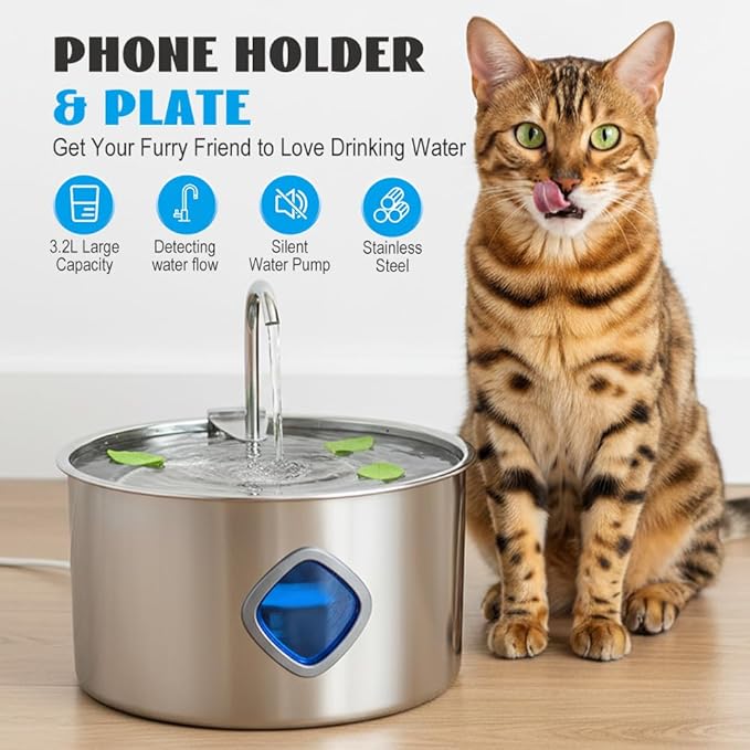 Cat Water Fountain Stainless Steel:Water Fountains for Cats Indoor, 3.2L Large Capacity Cat Water Bowl Filtered, Automatic Circulating Water Dispenser for Pets,Cats,Dogs (Silver)