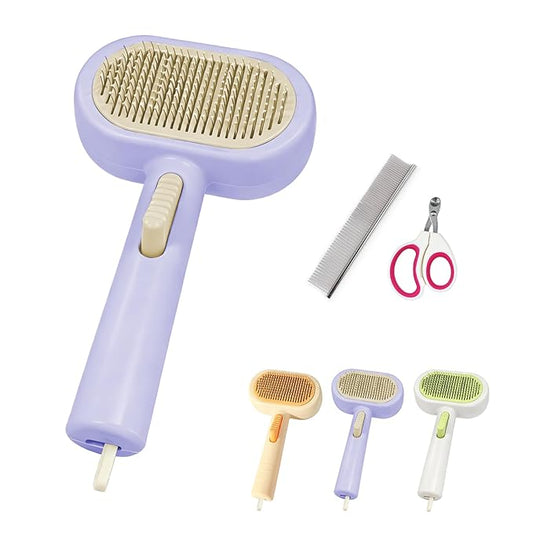 Professional Cat & Dog Deshedding Brush - 1-Button Release Grooming Tool for Long/Short Hair Cats, Dogs, Rabbits & Small Animals (Purple)