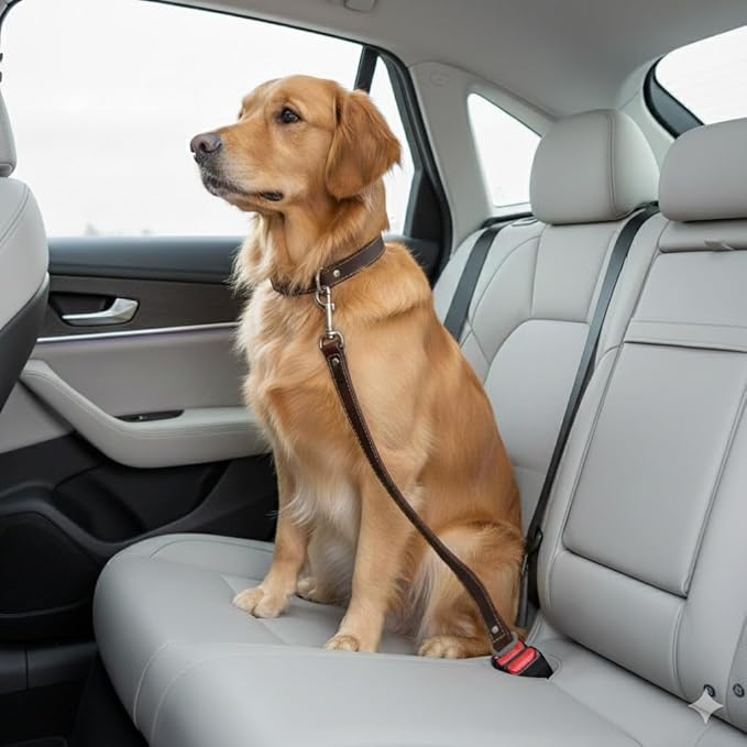 DowgClub Genuine Leather Dog seat Belt for car, Safe Distraction Free Driving, Heavy-Duty Design with Military Grade Hardware, Harness for Small, Medium and Large Pets (Brown, 30")