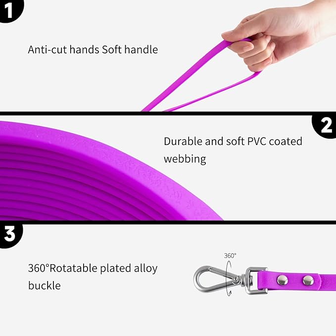 Dog Training Long Leash Waterproof Long Line Heavy Duty Outdoor Recall Lead 10ft 15ft 20ft 30ft 50ft for Small Medium Large Dog (Rose Purple, 30FT)