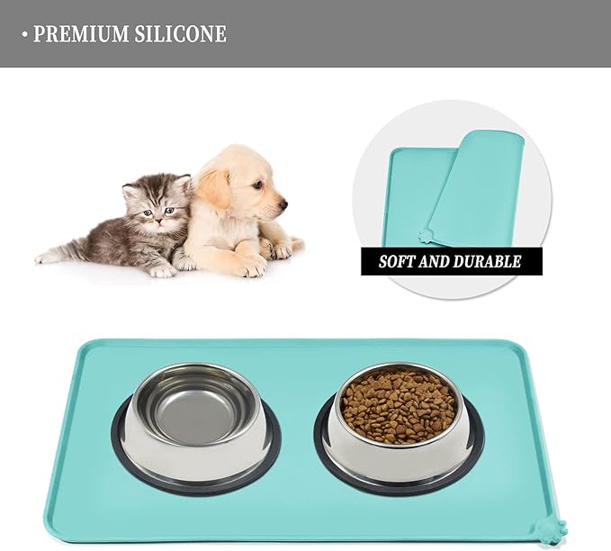 Reopet Waterproof Pet Feeding Mat with High Raised Edges, Heavier and Thicker Placemats for Cat Dog Water Bowl with BPA Free, Dogs Cats Food Mats for Messy Drinkers to Prevent Spill and Protect Floors