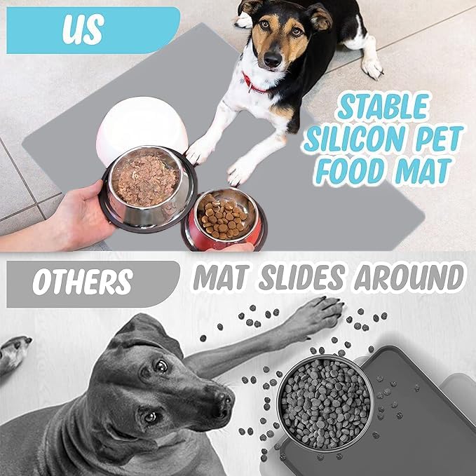 TidyFriend Pet Food Mat - 30 x 36”, Pet Tray for Food and Water, Dog Food Mats, Silicone Cat Food Mat, Non Slip Pet Food Mat Large, Dog Bowl Mat Waterproof, Pet Supplies (Light Grey)