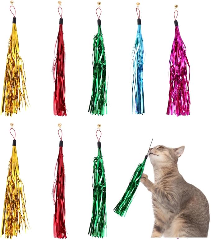 balacoo 5 Pcs Cat Teaser Wand Replacement, Cat Stick Metallic Foil Tassel with Bell, Interactive Catcher Teaser for Indoor Pet Kitten Playing (Random Color)