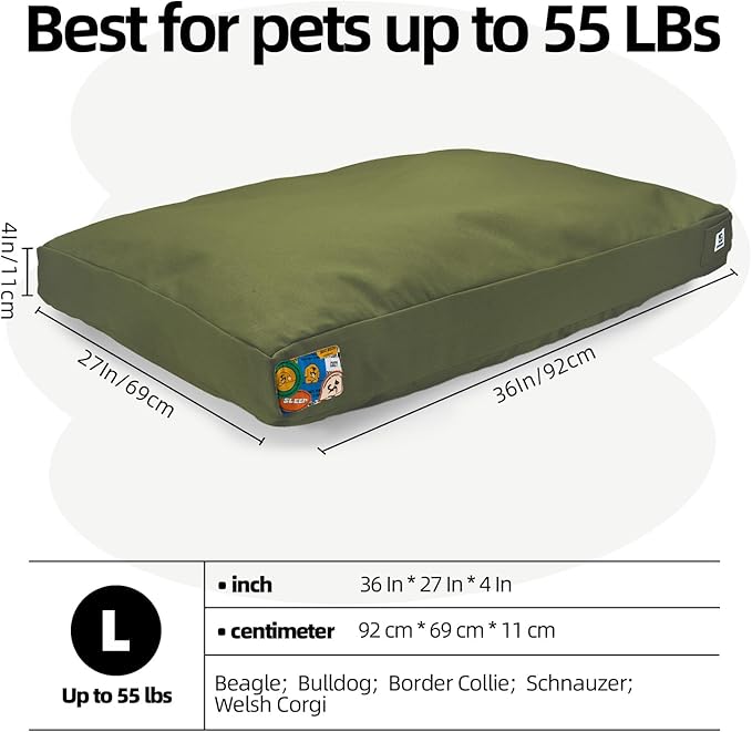 Sytopia 36'' Canvas Outdoor Dog Bed with Waterproof Washable Removable Cover for Large and Medium Dogs, Indoor and Patio Pet Pad, Green