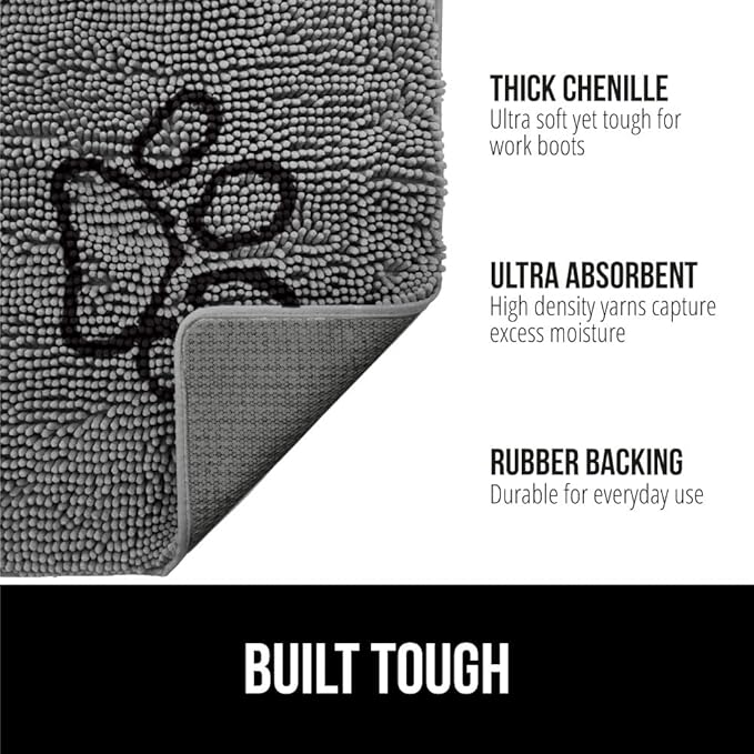 GORILLA GRIP SOAKSTOPPER Dog Door Mat, 36x24 Machine Washable Rug Absorbent Doormat Captures Moisture Mud Dirt, Quick Dry Soft Chenille Entryway Rugs Indoor Entrance Mats for Dog Paws, Paw Gray