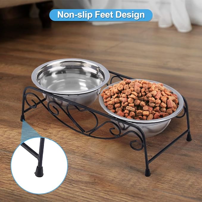 Raised Dog Bowls, Stainless Steel Double Pet Food Feeder Cat Water Dispenser Dish Bowls with Retro Iron Stand for Small or Medium Dogs Cats Puppy