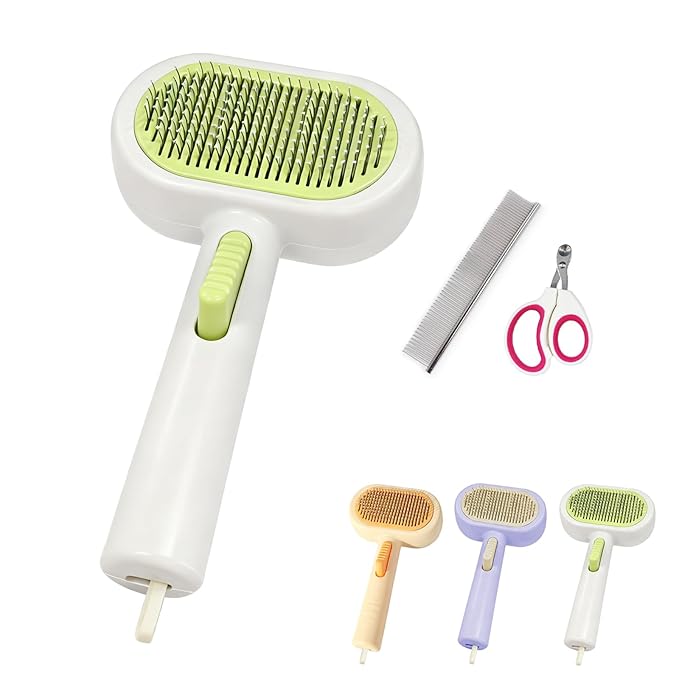 Professional Cat & Dog Deshedding Brush - 1-Button Release Grooming Tool for Long/Short Hair Cats, Dogs, Rabbits & Small Animals (White)