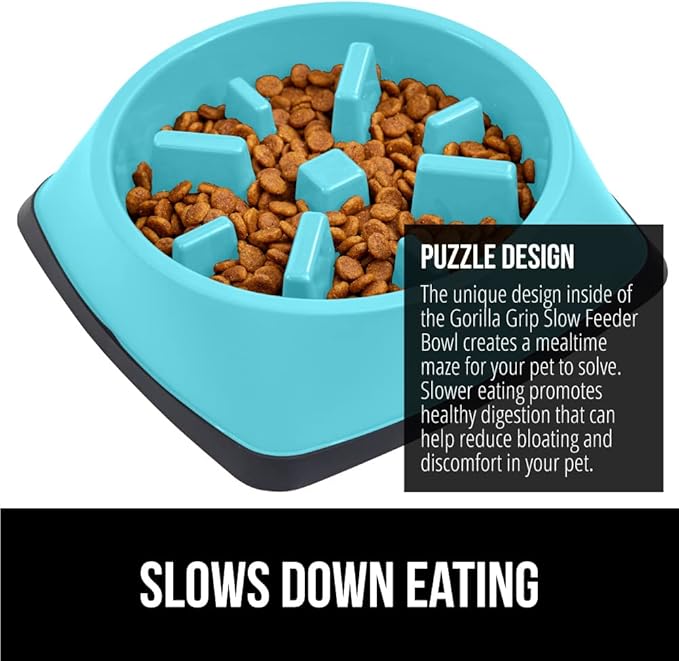 GORILLA GRIP Patented BPA Free Slow Feeder Dog Bowls, 4 Cup Interactive Puzzle Toy for Dogs and Cats Food Training Enrichment, Keeps Pets Busy and Prevents Puppy Overeating, Large Breeds, Turquoise
