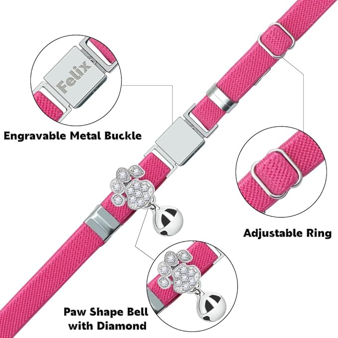 Personalized Safety Elastic Cat Collars with Bell,Laser Customized Stretch Kitten Collars for Girls Boys Cats-Rose red