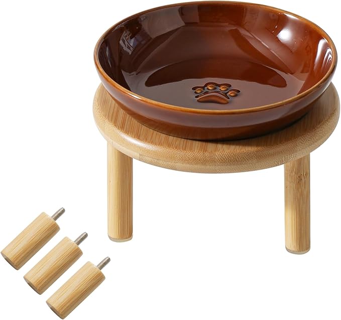 Elevated Ceramic Cat Dish with Paw Print, Wide Whisker Friendly Anti-Slip Food & Water Bowl with 2 Heights Adjustable Stand - Pet Bowl Set for Cats (1 Dish + 1 Stand, Caramel Brown)
