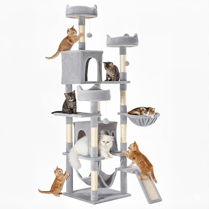 Large Cat Tree 75 Inch, Multi-Level Tall Cat Tree Tower with Condo, Perches, Sisal Scratching Posts Board and Hammock, Pet Play House with Dangling Balls for Indoor Cats, Light Grey