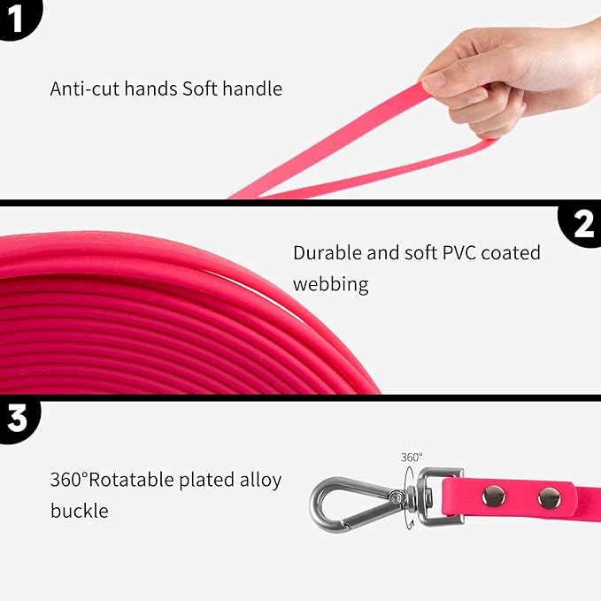 Dog Training Long Leash Waterproof Long Line Heavy Duty Outdoor Recall Lead 10ft 15ft 20ft 30ft 50ft for Small Medium Large Dog (Rose Pink, 30FT)
