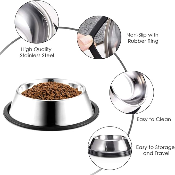 Stainless Steel Dog Bowls, 2.2 Cup/18oz Cat Bowl Water and Food with Rubber Base, Pet Bowls for Medium Dogs, Cats and Rabbit, 2Pack