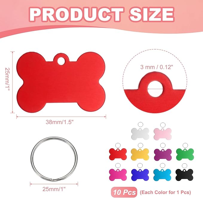 Pet ID Tags, Personalized Dog Cat Tag Stainless Steel Aluminum Bone Shape Engraved Blank with Key Ring 38x25mm, (Multicolor, 10 Pcs), Intended for Dog/Cat/Name/Pendant Crafts