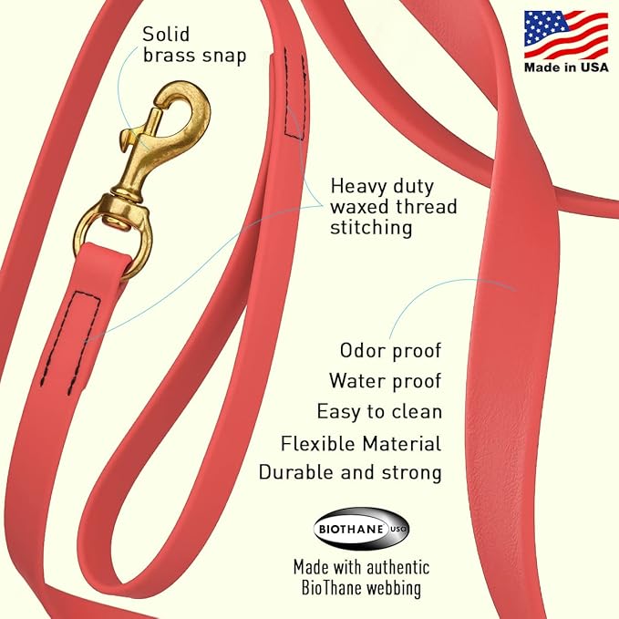 Viper K9 Biothane Working Dog Leash Waterproof Lead for Tracking Training Schutzhund Dog Sport & Search - Odor-Proof Long Line with Solid Brass Snap for Puppy Medium and Large 3/4" x 33ft Coral