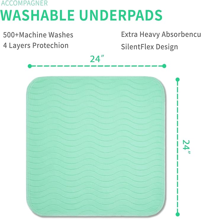 Accompagner Waterproof Reusable for Adults and Pets Washable Pee Pads for Dogs Changing Pad Large Dog Bed Size Adults Incontinence Bed Pads - Non-Slip Leak-Proof (Green, 24"x24"(Pack of 6))