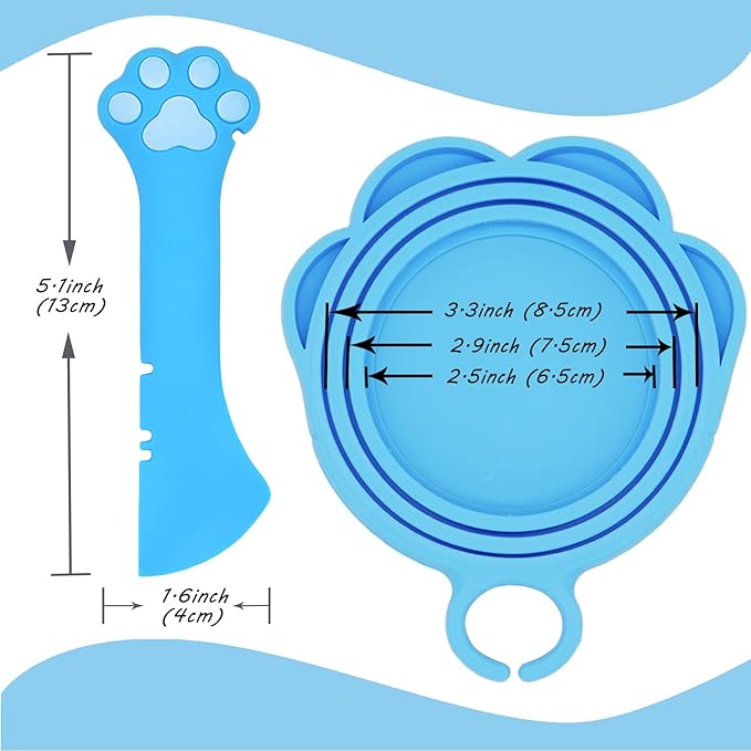 DORUI Cat Food Can Spoon & 3 Pcs Can Lids | Cute Paw Shape Covers & Opener for Wet Food | Universal BPA Free Silicone for Cats and Dogs Food(Blue)