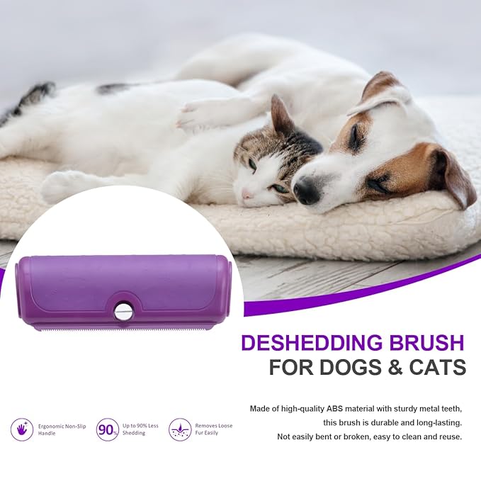 Dog and cat deshedding brush for shedding and short haired pets, pet deshedding tool with stainless steel shedding blade and non slip handle for short and medium coats