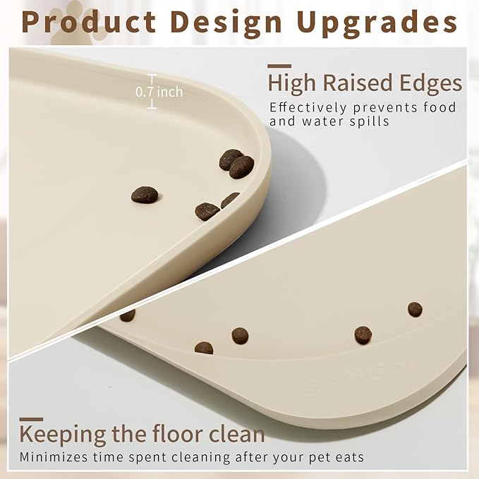 Silicone Pet Food Mat with Raised Edge for Food and Water Bowl, Dog Feeding Mats, Cat Food Trays for Floor Waterproof, Rubber Tray for Dogs and Cats, 17 x 12 x 0.7 Sand White (Yellow Cast)
