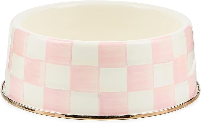 MACKENZIE-CHILDS Enamel Pet Bowl, Cute Cat and Dog Bowl for Food and Water, Large, Pink-and-White Rosy Check