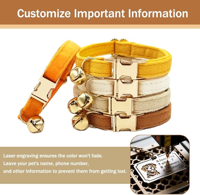 Colorful Velvet Custom Cat Collar, Personalized Cat Collar with Name, Engraved Collar for Small Large Cat Kitten with Bell (Orange,L)
