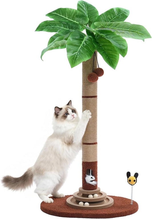 Made4Pets 42" Tall Cat Scratching Post with Sisal Rope, Interactive Hanging Balls, Toy Mouse and Two-Layer Ball Track Cat Toys, Palm Tree Cat Scratcher Tower for Indoor Cats and Kittens