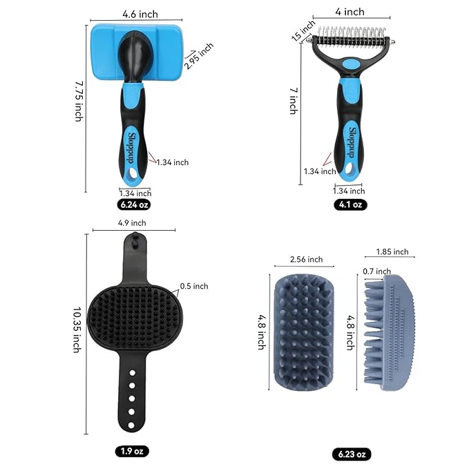 Dog Brush Kit for Grooming Short & Long Haired Dogs & Cats, 4-in-1 Pet Grooming Set with Self-Cleaning Slicker Brush, Deshedding Tool, Shampoo Bath Comb, Massge Comb (Blue Black)