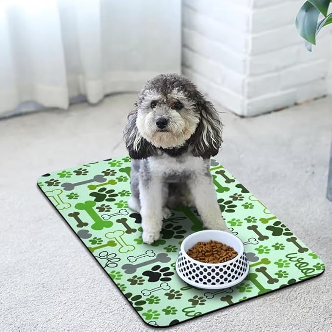 Dog Food Mats for Floors Waterproof, Pet Water Bowl Mats Pet Feeding Absorbent Placemats Green 17 * 30 inch