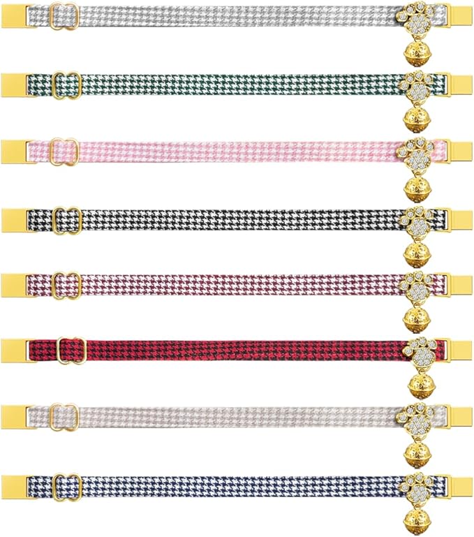 Personalized Breakaway Cat Collars - Magnetic Buckle, Bell - Safety Quick Release, Customized for Girls & Boys Cats- (Houndstooth-Green)