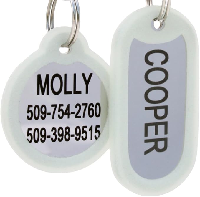 GoTags Personalized Dog Tags in Stainless Steel, Includes Glow in The Dark Tag Silencer to Reduce Noise and Protect Tag and Engraving, No Noise, Quiet Pet Tags, 2 Side Engraving, (Rectangle Shape)