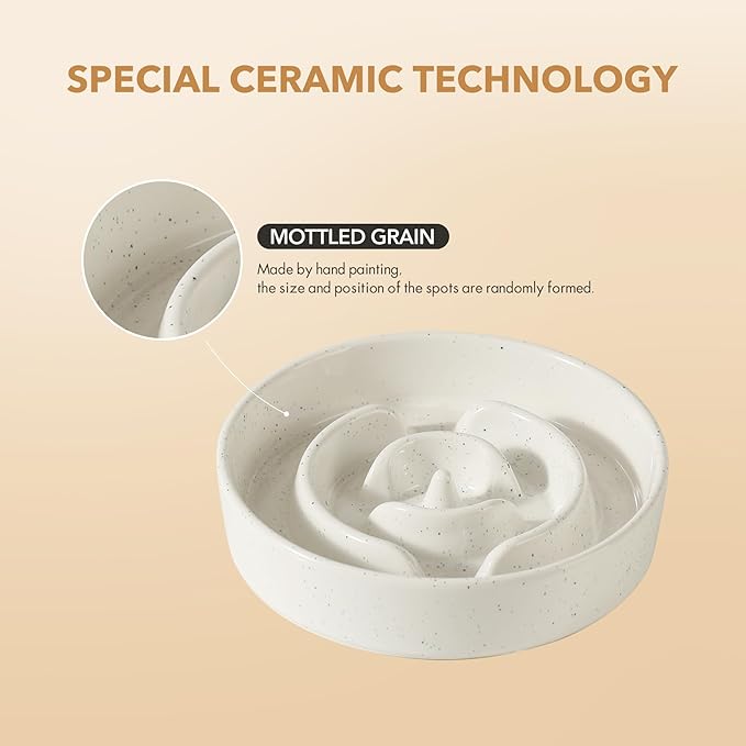 Ceramic 1.2 Cup Raised Slow Feeder Dog Bowl Set, Elevated 6.1inch Bowl and 7.3inch Dish with Acacia Wood Stand for Small and Medium Dogs(2 x Vanilla White+ Stand)