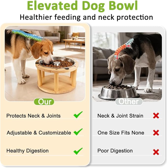 Vivifying Elevated Dog Bowl, Height-Adjustable Pine Wood Stand with Stainless Steel Slow Feeder Bowl, Available in Two Heights 5.9" & 10.6", Fits Small, Medium & Large Dogs