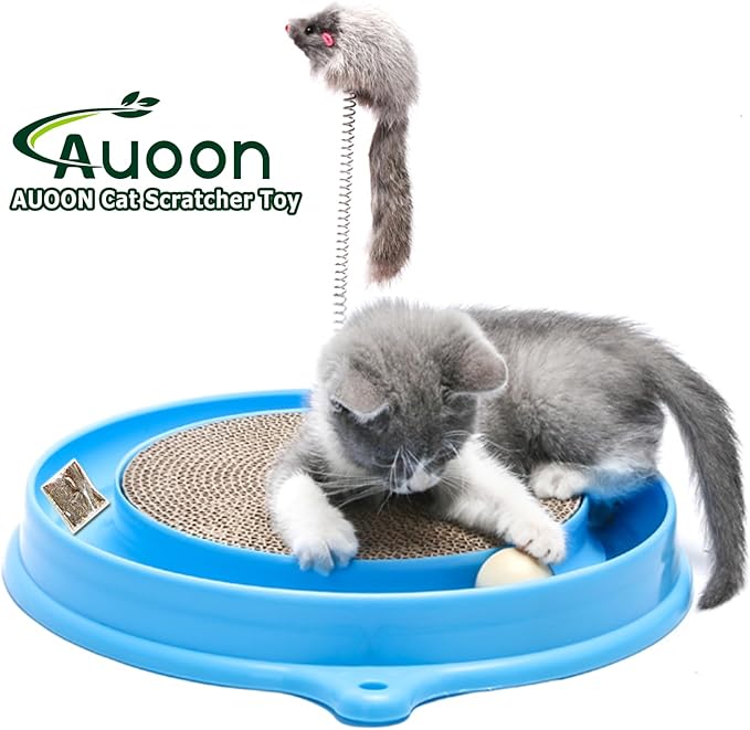 AUOON Cat Scratcher Toy - Cat Scratch Pad with Cat Toy Ball Track and Plush Mouse Toy for Indoor Cats and Kittens (Blue)