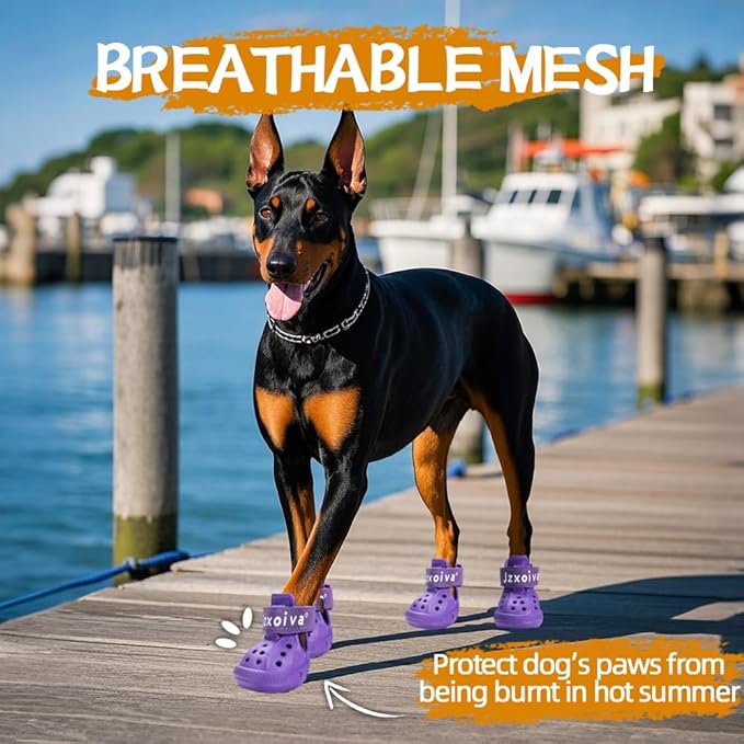 JZXOIVA Dog Shoes for Hot Pavement, Dog Booties for Small Dogs, Breathable Dog Boots & Paw Protectors, Adjustable Non-Slip Rain Booties, Waterproof Pets Sandals for Beach Purple Size 3