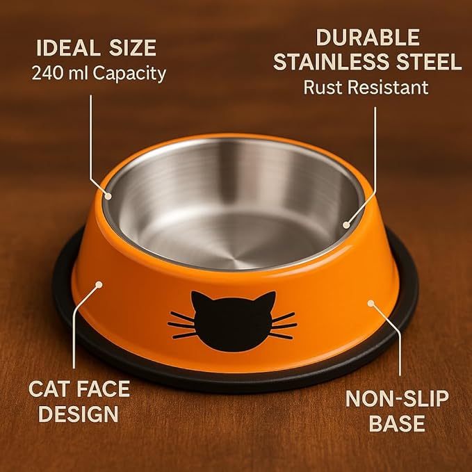 4 Pack Printed Stainless Steel Cat Bowls – 8.1 fl oz Anti-Skid Food & Water Cat Feeding Bowls|Cat Dish for Food and Water Bowl|Cat Feeding Bowl for Kitten (Grey, Red, Orange & Black)