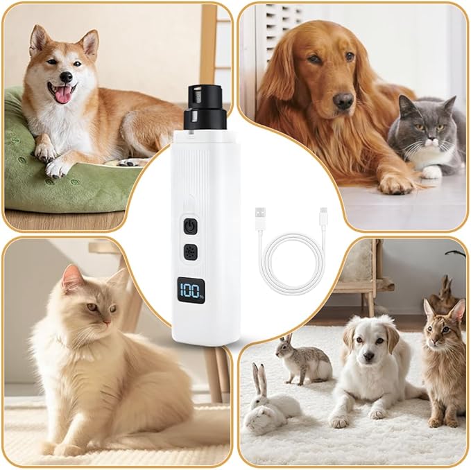 Safe Cut Cat Nail Trimmer, 2025 Upgraded 3 Adjustable 360° Grinding Settings, Low-Vibration Ultra-Quiet Under 40dB, Powerful for All Cats & Dogs, Easy to Clean (White+6*Heads)