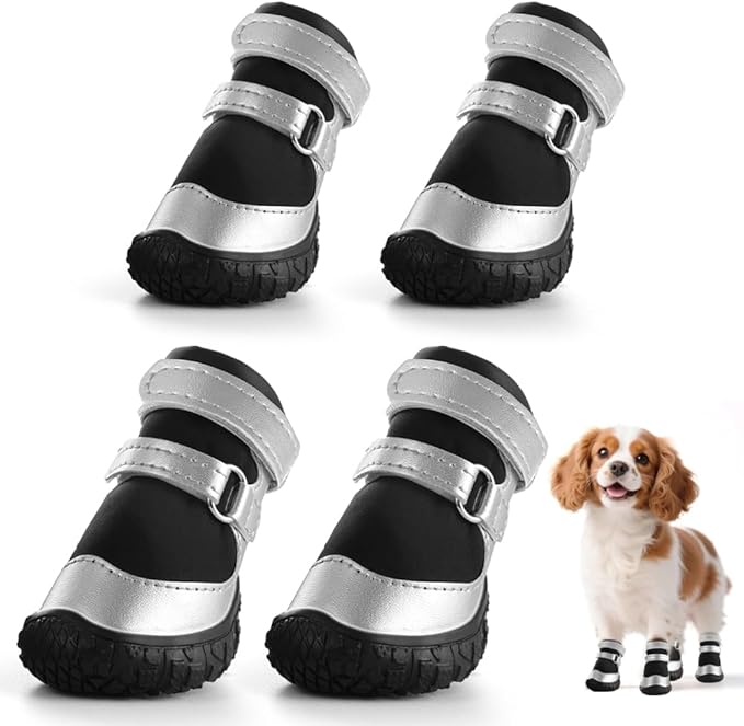 Dog Shoes for Small Dogs, Breathable Dog Boots Paw Protector for Hot Pavement Winter Snow, Dog Booties with Reflective Strips Rugged Anti-Slip Sole for Hardwood Floors Outdoor Silver Black Size 1