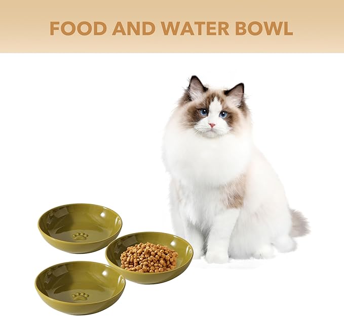 Ceramic Wide Whisker Friendly Cat Dishes, Set of 3 Ceramic Cat Bowls with Paw Print, Anti-Slip Indoor Kitten Feeding Food& Water Dish to Prevent Whisker Fatigue(3 Pcs, Matcha Green)