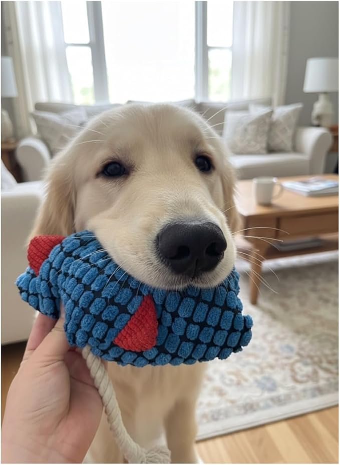 Durable Blue Fish Plush Dog Chew Toys with Squeaker – Tough Stuffed Ocean Animal with Natural and Safe Cotton Fill for Aggressive Chewers, Teething Puppies, and Small, Medium, and Large Breeds