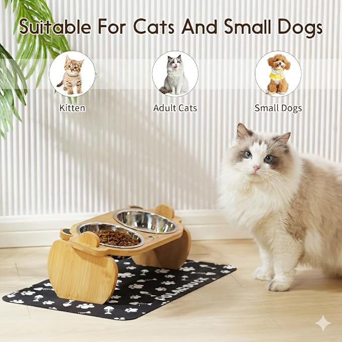 Tilted Elevated Cat Bowls with Food Mat: Removable Stainless Steel Pet Dishes with Bamboo Raised Stand for Cats and Small Dog | Anti Vomiting Whisker Friendly Dishwasher Safe