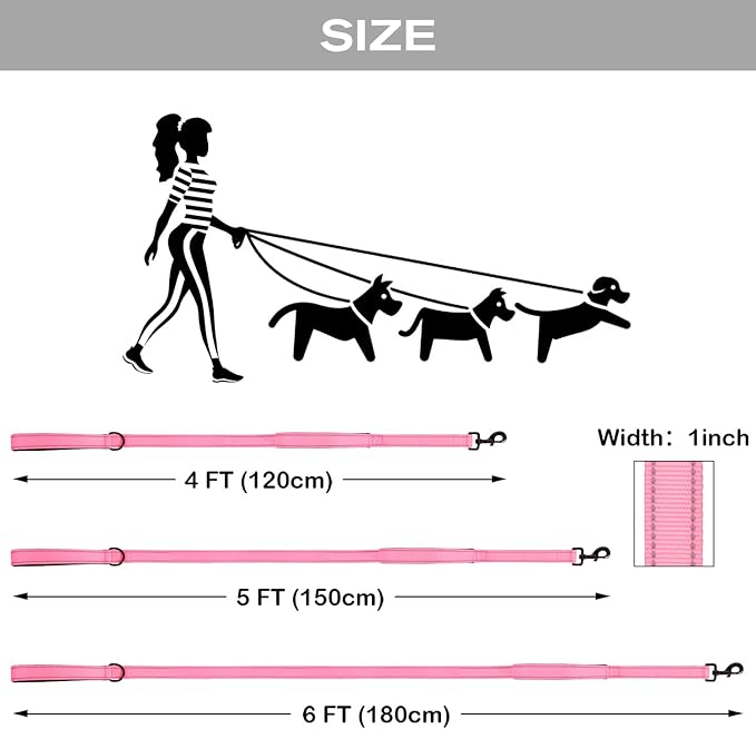 Joytale Dog Leash Heavy Duty for Large Dogs That Pull, Double Handle for Traffic Control, Double-Sided Reflective Leashes for Large Medium Dogs Night Safety, 4FT, Pink