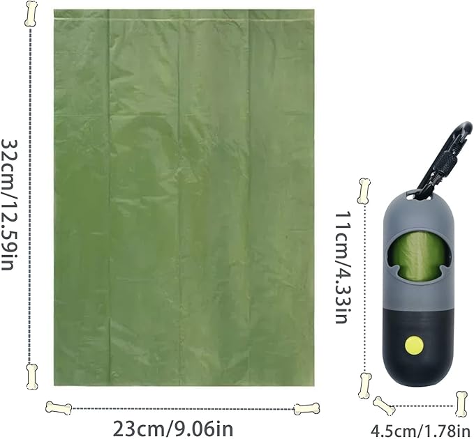 Dog Poop Bag Holder with 7 Rolls of Green Dog Waste Bags Poop Bag Holder with Rechargable Battery and USB Cable Poop Bag Dispenser with LED Flashlight (Grey)