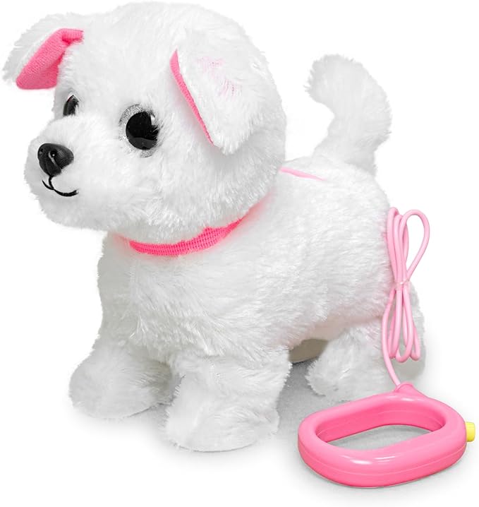 YH YUHUNG Walking White Dog Toy with Leash, Fluffy Electronic Puppy That Walks, Barks & Wags Tail, Interactive Robot Pet Plush Animal, Gift for Girls & Boys 3-7 Years (White)