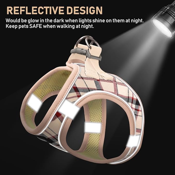 GAMUDA Small Dog Harness Collar and Leash Set, Step in No Chock No Pull Soft Mesh Adjustable Dog Vest Harnesses Plaid Reflective for Dogs Puppy Cats Kitten Rabbit (Beige, XXS)