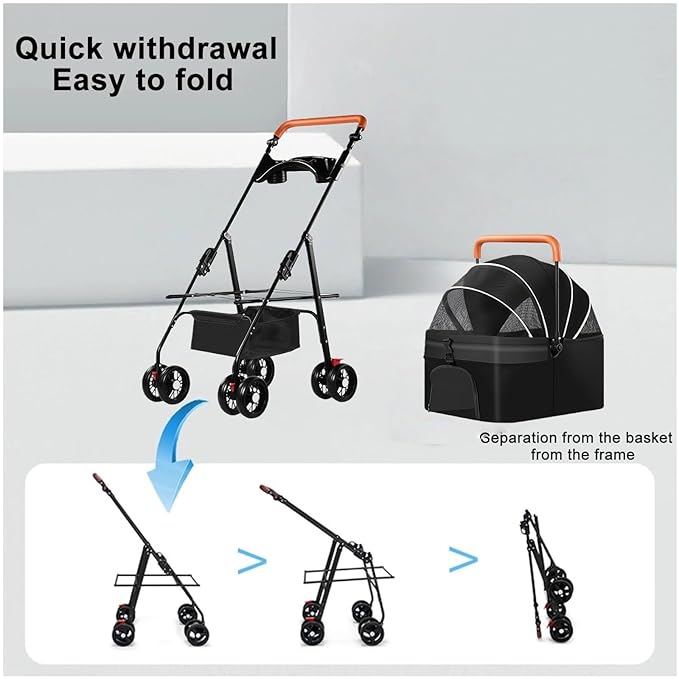 Pet Stroller for Medium Small Dogs/Cats - 4 Wheels Foldable Dog Stroller with Storage Basket,Dog/Cat Carrier,Adjustable Handle,Folding Puppy Carrier Suitable for Traveling with Cats and Dogs (Black)